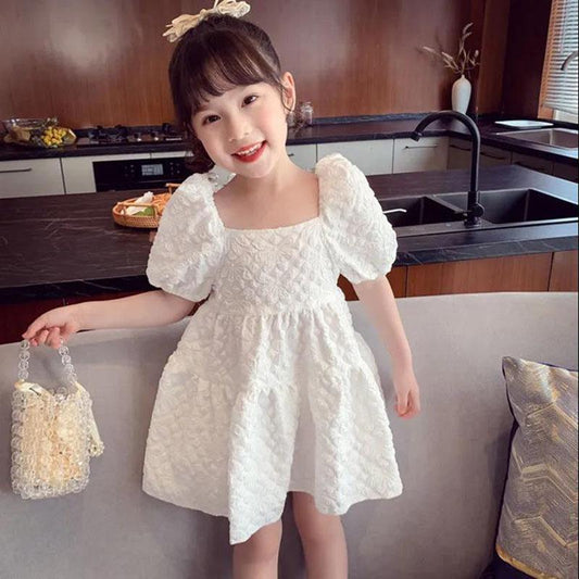Girls White Dress Summer Dress Children Sweet Princess Dress Net Red Puff Sleeve Little Girl Skirt Square Neck Short Sleeves