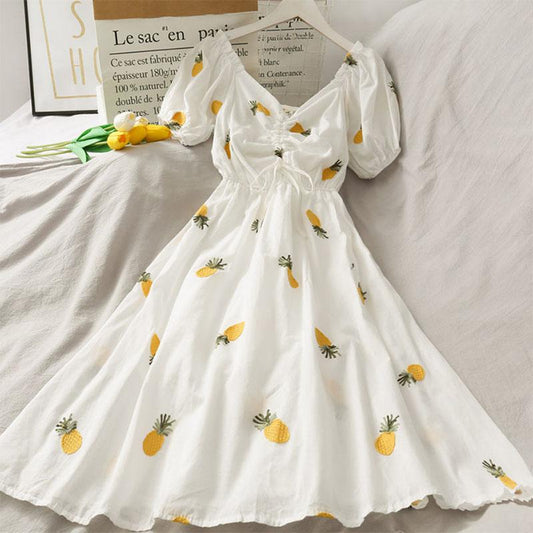 French Niche Fairy Embroidery Short-sleeved Dress V-neck Drawstring High-end Skirt