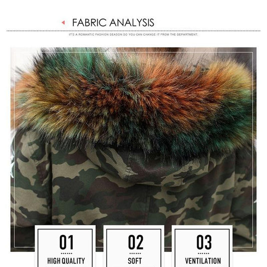 Winter Coat Women Loose Large Size Plus Velvet Thick Hooded Camouflage Parka Coat with Fur Collar