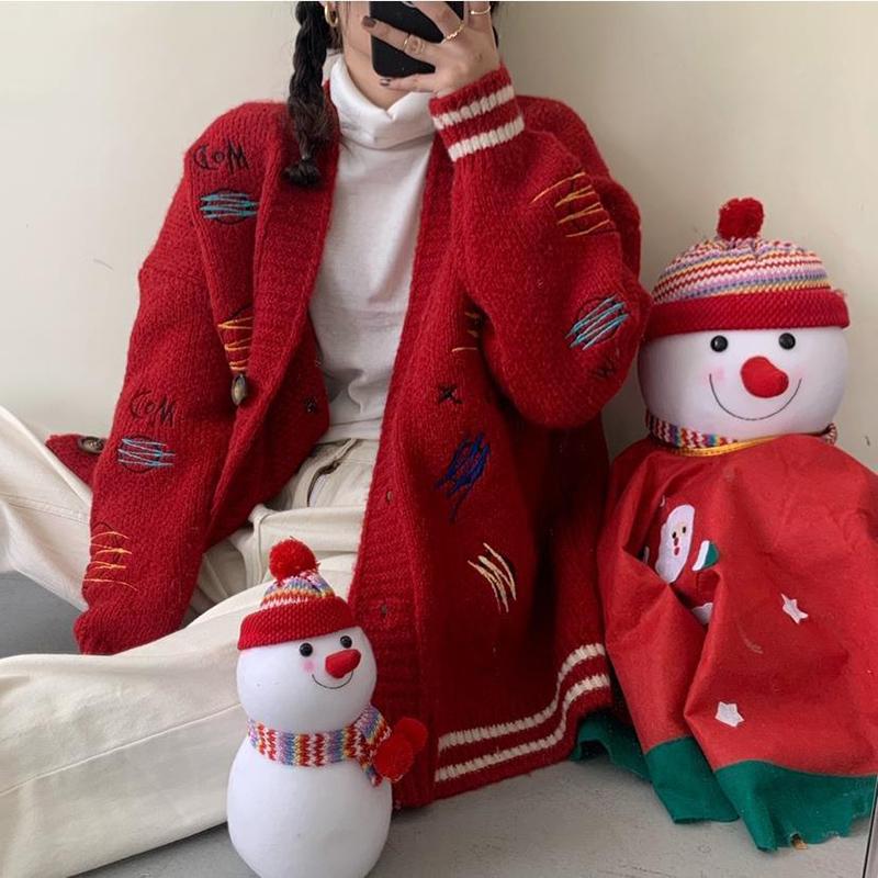 Casual Knitted Cardigan Women's Autumn Winter Long Loose Thick Student Embroidery Sweater Coat Fashion