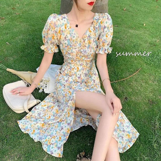 Women's Summer Floral Chiffon Skirt Puff Sleeve V-neck Midi Skirt