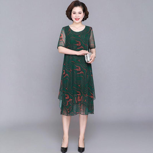 L-XXXXXL Plus Size Mom's Summer Chiffon Dress Mid-length Printed Over-the-knee Skirt