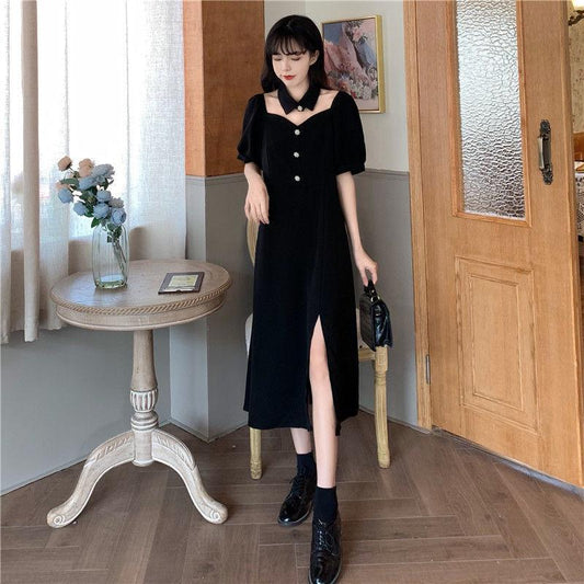 Summer Hepburn Style Design Niche Mid-length Split Dress Female A-line Dress Waist Thin Black Dress Sexy Cute Cool Girl
