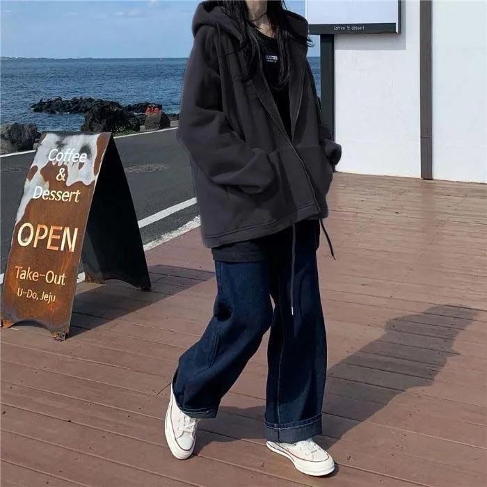Women's Cardigan Sweater Autumn and Winter Korean Style Loose Plus Velvet Thick Zipper Hooded Coat Casual Sports Jacket
