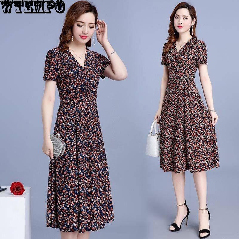 WTEMPO Over The Knee Big Skirt with Floral Long Skirt Female Short-sleeved Dress Summer Large Size