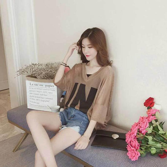 Short-sleeved V-neck T-shirt Loose Women's Clothing + Bottoming Shirt Suspenders Two-piece Slim Casual Top Sexy Perspective Outfit