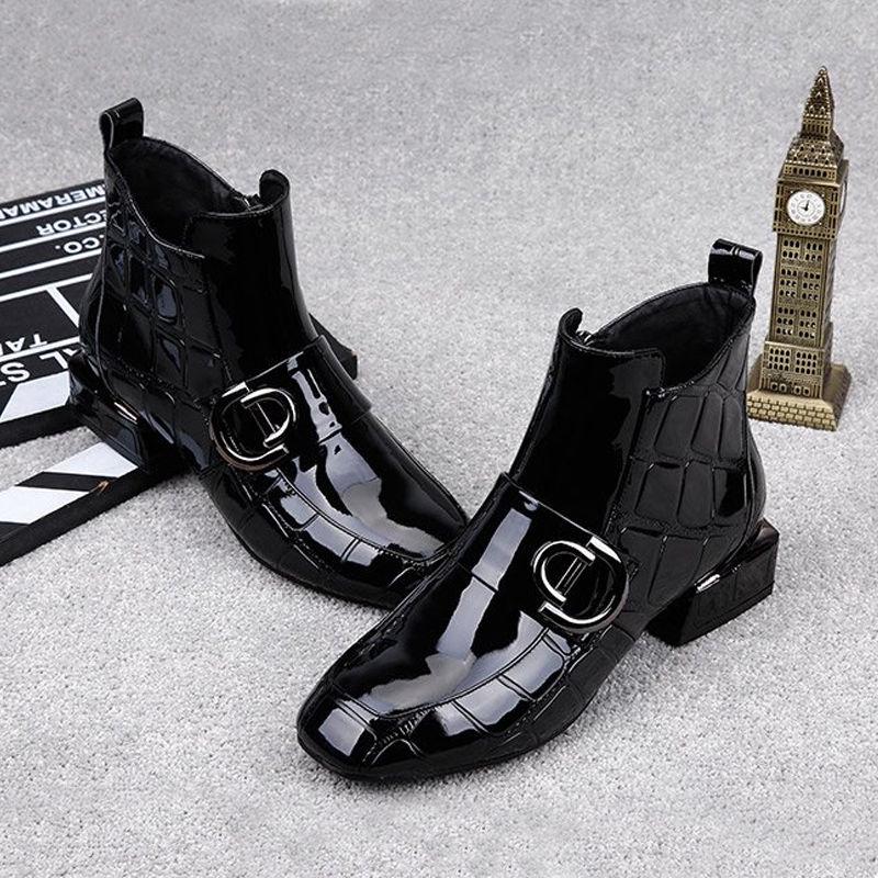 Winter Autumn Women Boots Square Heel Ankle Boots Paint Leather Boots Motorcycle Botas Lady Shoes
