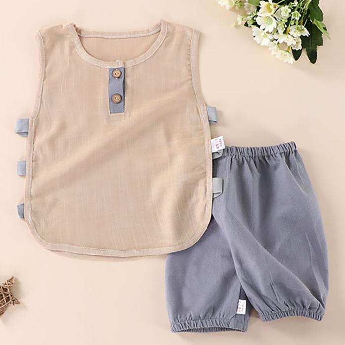 Children's Suit Summer Thin Boys and Girls Baby Breathable Stitching Button Sleeveless Shorts Two Piece Set Casual Wear