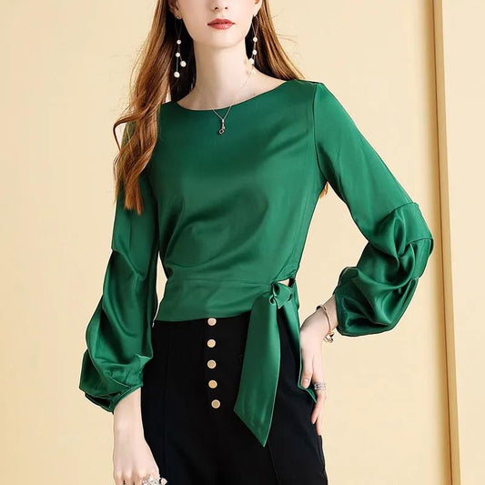 Women's Spring and Autumn Lantern Sleeve T-Shirt Round Neck Long Sleeve Top