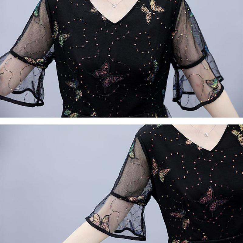 Large Size Women's Summer Black Belly Cover Sequins Embroidery Stitching Short-sleeved Fairy Dress Ladies Temperament A-line Skirt