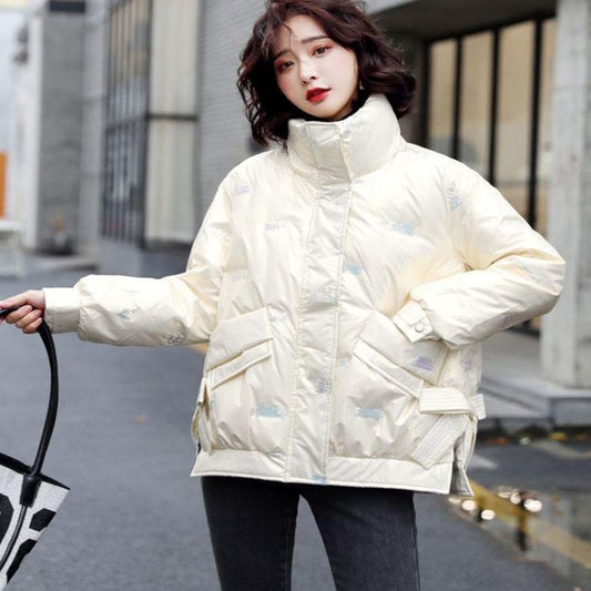 Fashion Ladies Mid-length Coat Winter Loose Color Stand-up Collar Down Cotton Coat