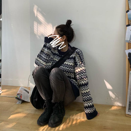 Vintage Printed Sweater Women Bottoming Sweater Loose Casual Knit Pullover Sweater Autumn Winter