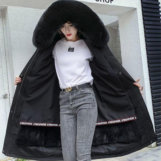 Winter Fashion Trend Real Fox Rex Rabbit Fur Liner Removable Mid-length Fur Coat Jacket