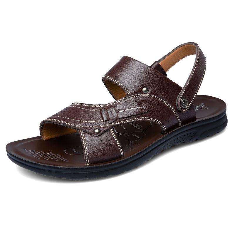 Men's Top Layer Leather Sandals Leather Summer Breathable Sandals Non-slip Men's Beach Shoes
