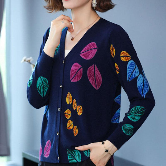 3D Leaf Printed Cardigan Women High-end Plus Size Cardigan Short Knitted Jacket Wool Cardigan Outer Wear