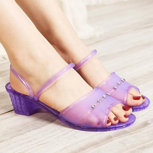 Sandals Women's Summer Mid-heel Crystal Outer Wear Non-slip Beach Heightened Thick Heels
