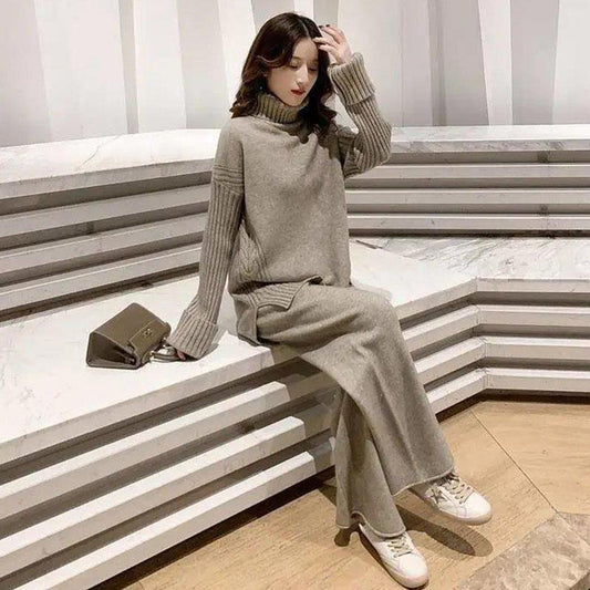 2pcs/set Two Piece Set Pullover Sweater Tracksuit Women Elastic High Waist Knit Wide Leg Pants Women Suit 2 Piece Set Winter Outfits