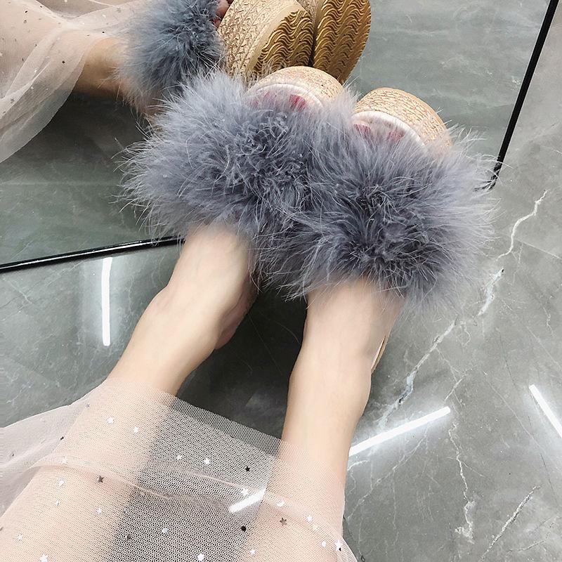 Fur Slippers Women Fluffy Sliders Comfort Summer Wedge Heeled Slippers Sweet Ladies Platform Slippers Footwear