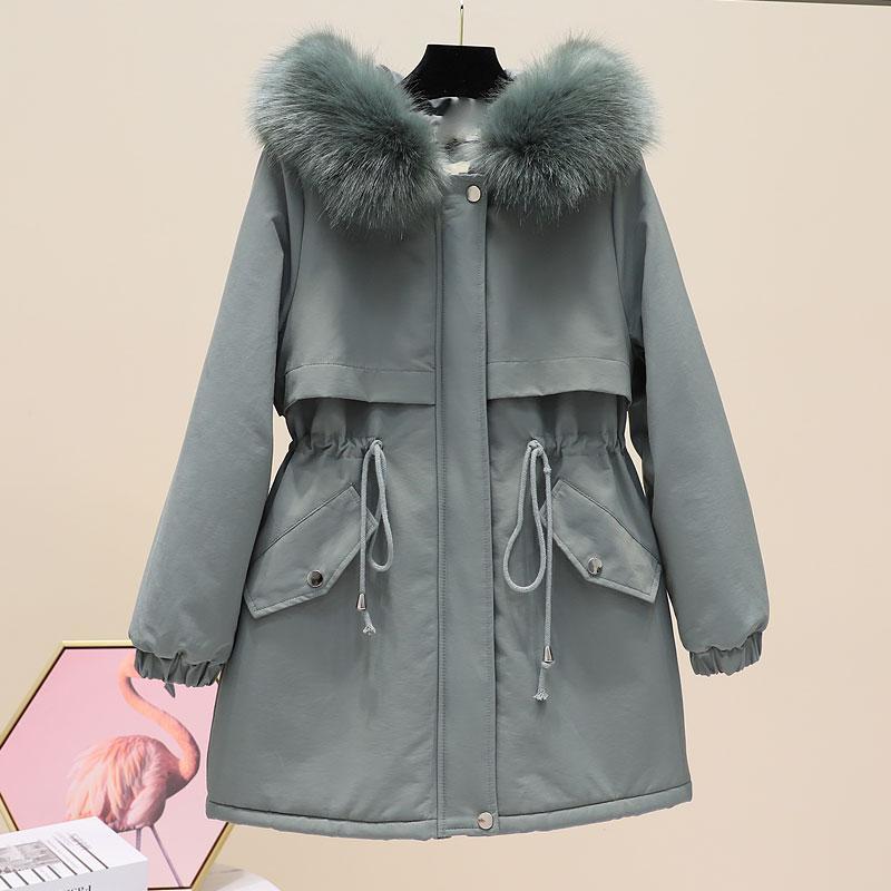 Imitation Hair Parker Overcoming Women's Mid-length Plus Velvet Thick Hooded Waist Waist Tooling Cotton-padded Jacket