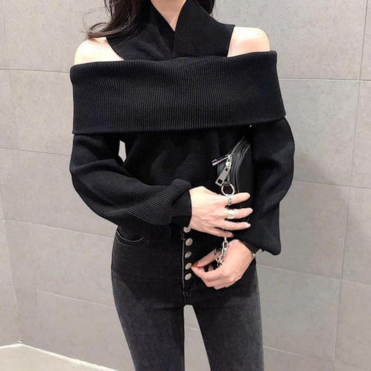 Off Shoulder Sexy One-neck Blouse Loose Knit Bottoming Shirt Fashion Outer Wear Spring and Autumn Jacket