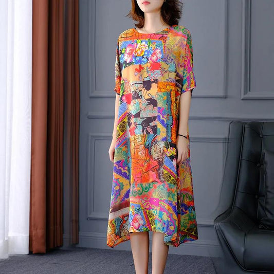 Women's Summer Dress Round Neck Skirt Women's Plus Size Printed Mid Length A-Line Skirt