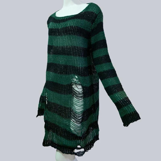 Goth Punk Sweater Fashion Hole Pullover Knitted Striped Sweaters Plus Size Loose Long Sweater Broken Hollow Out Streetwear Hip Hop Harajuku Sweaters