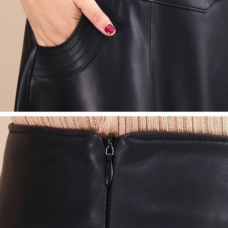 Women PU Leather Skirt Black High Waist Pleated Skirt Slim Mid-length Plus Size A-line Skirt Autumn Winter