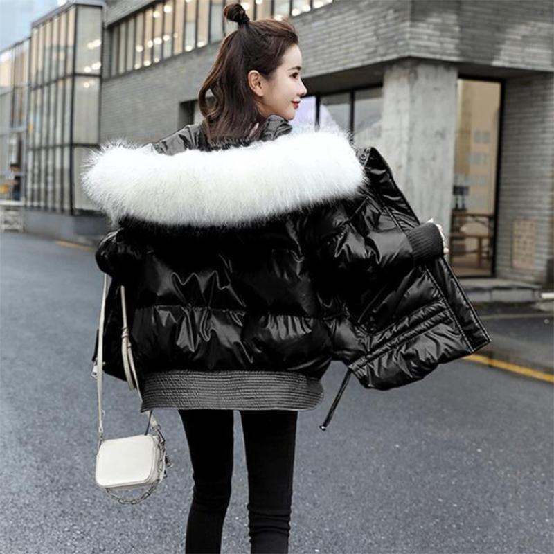 Women's Shiny Hooded Down Jacket Regular Korean Style Loose Thick Coat Warm Cotton Coat with Big Leather Collar Winter Jacket Quilted Jacket