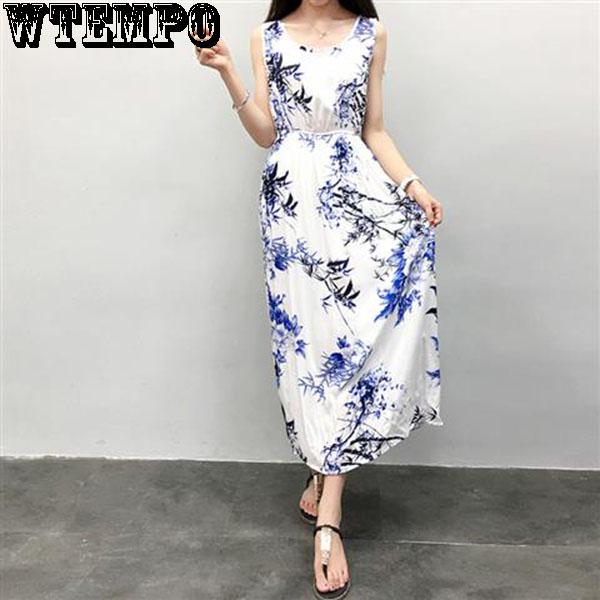WTEMPO Beach Holiday Dress Sleeveless Long Skirt Female Summer Bohemian Printed Beach Dress Floral