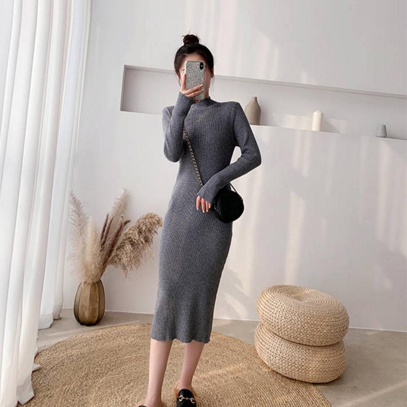 Pofulove Black Bottoming Skirt Long Half-High Neck Over-the-Knee Skirt Women Slim Knit Dress