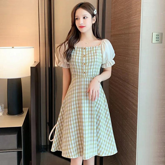 Checkered Bellflower Dress with Square Neck Waist Women's Dress