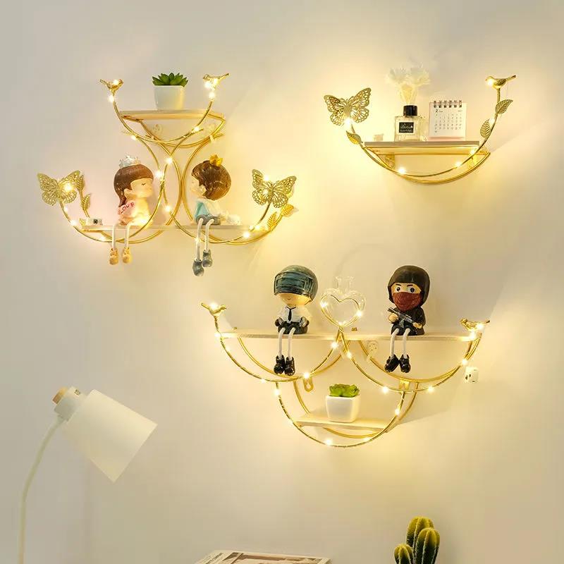 Double Layer Storage Rack Metal Wood Punch-free Shelf Flower Bird Modeling Display Stand with Light Strip