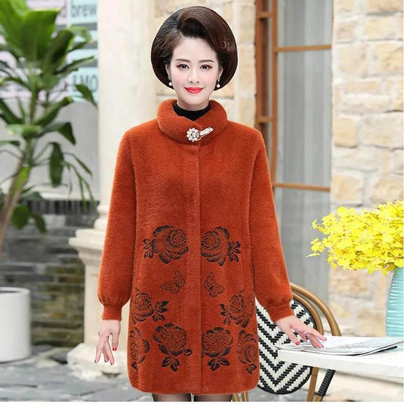 Mother Wear Winter Imitation Mink Velvet Coat Women Middle-aged and Elderly Women's Mid-length Coat