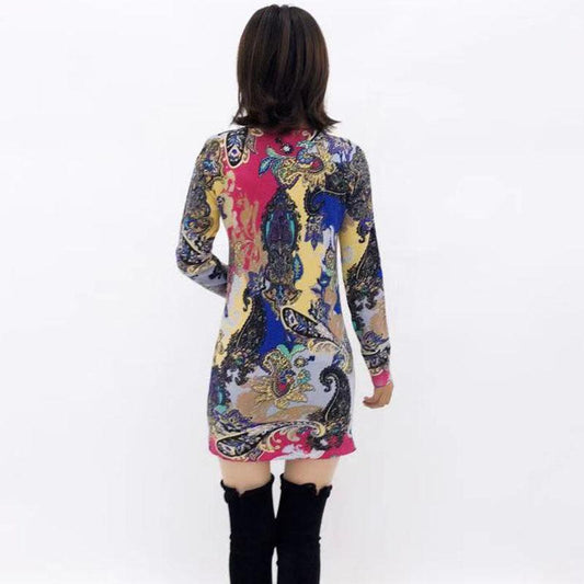 Women's Cashmere Sweater Printing Mid-length Wool Sweater Large Size Knit Sweater Dress Women's Bottoming Dress Fall Winter