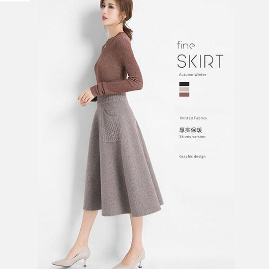 Autumn Winter Women's Knitted Skirt Long Skirt with Pockets Thick Warm OL Stytle A-line Skirt for Women