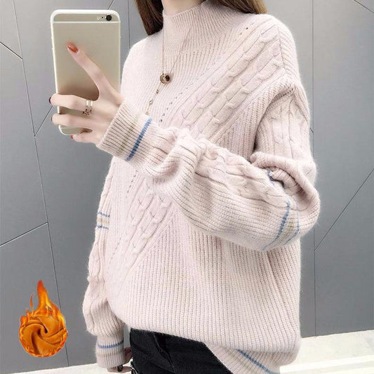Autumn/winter Thick Pullover Sweater Thick Line Loose Half Turtleneck Sweater Large Size Cover Belly Casual Blouse