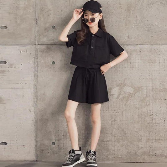 Girls' Sports Suit Summer Net Celebrity Foreign Atmosphere Big Boy Short-sleeved T-shirt Casual Shorts Two-piece Suit