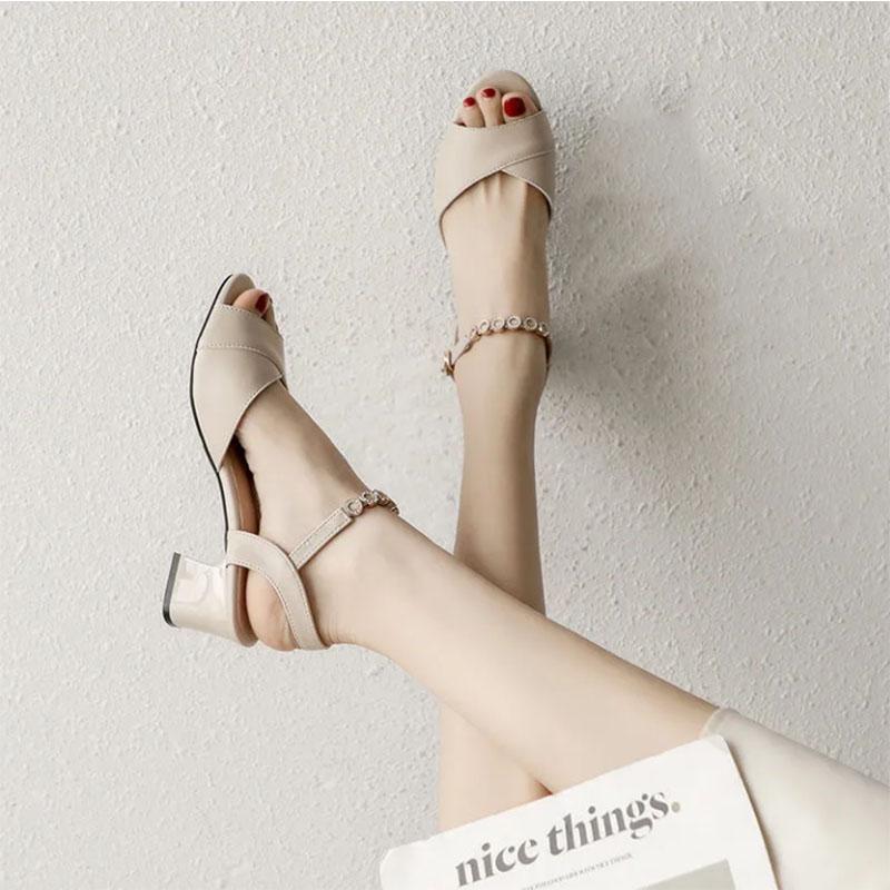 Leather Fish Mouth Sandals Women's Middle Heel Thick Heel Buckle Strap Korean Style Summer Women's Shoes