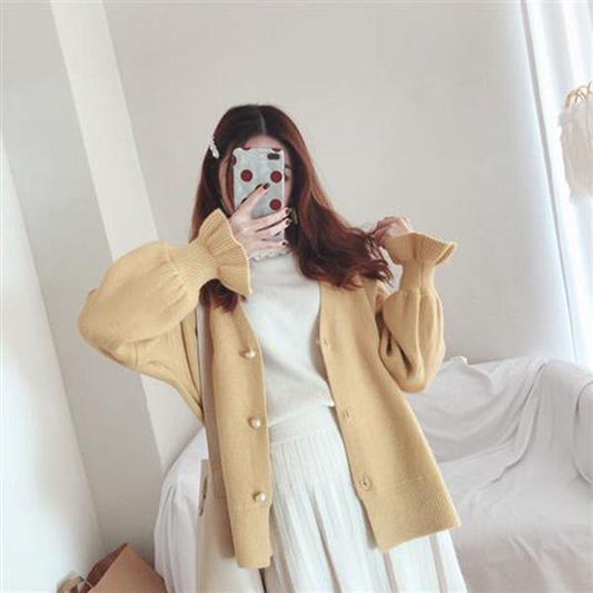 Spring Lazy Style Knitted Cardigan Solid Color Thickened Long-sleeved Bottoming Shirt with Loose Student Sweater Coat