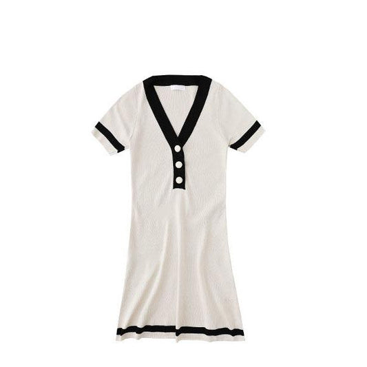 Female Simple and Elegant V-neck Splicing Knitted Dress Slim Gentle Short Sleeve Hip Wrap Short Holiday Dress