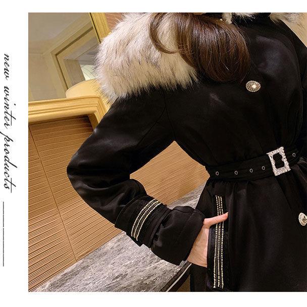 Thick Woolen Collar Belt Slim Fit Padded Jacket Mid-length Fit Padded Jacket