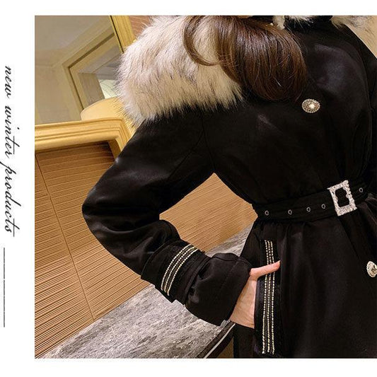 Thick Woolen Collar Belt Slim Fit Padded Jacket Mid-length Fit Padded Jacket
