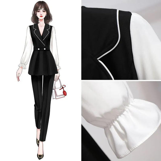 Women's Black-and-white Stitching Color Suit Loose Cover Meat Was Thin Trousers Long Sleeve Two-piece Suit Temperament Lady Style