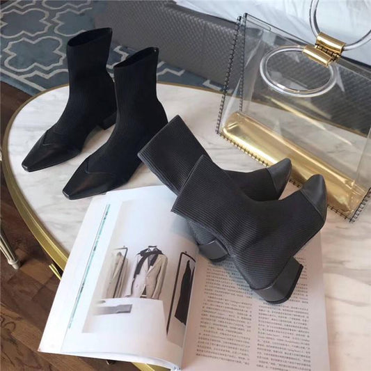 Celebrity Style Martin Boots Female Pointed Thick with Flying Woven Socks Boots