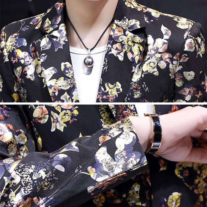 Trend Floral Print Windbreaker Spring Casual Slim Coat V-neck Business Suit Parka Long