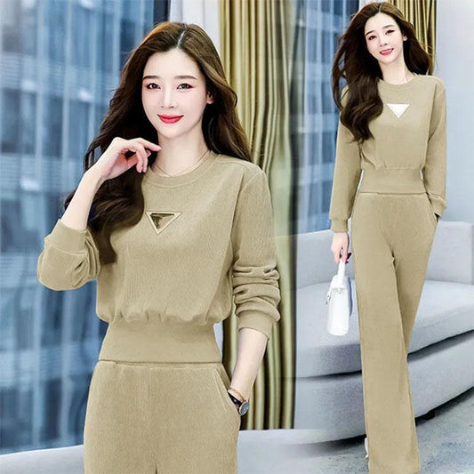 2PCS Women's Sweater Suit Spring Long Sleeve Pullover Sweater + Casual Wide Leg Pants Two Piece Set Ladies Waist Temperament Sports Suit