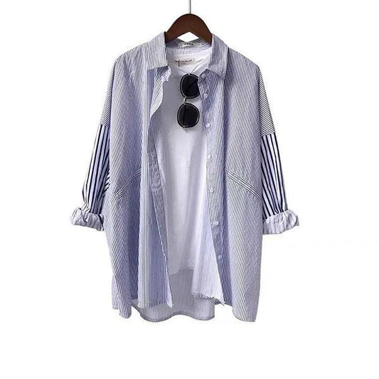 Women's Button Down Shirts Large Size Long Sleeve Tops V-Neck Casual Work Blouse Loose Oversize Striped Top