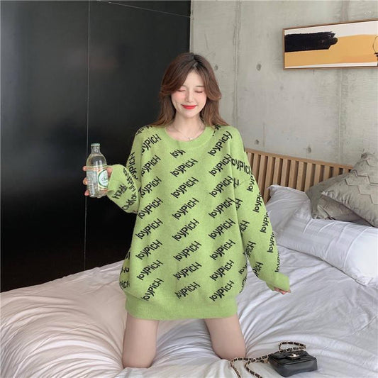 Women Letter Knitwear Crew Neck Loose Knitting Pullover Chic Solid Color Jumper Sweater Top