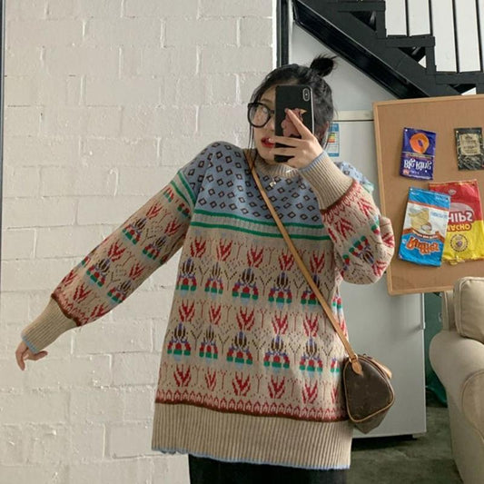 Autumn Winter Women Fashion Sweater Casual Knitting Sweater Retro Print Round Neck Pullovers Loose Casual Long Sleeve Sweater