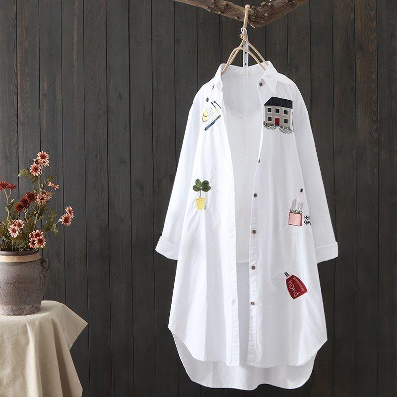 Autumn Cotton Shirt Women Loose Mid-length Tops Literary Women's Embroidered Shirts Anti-thin Women's Jackets